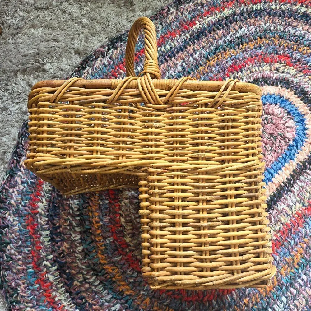 Heritage Stair Step Rattan Basket Hand Woven Wicker Rustic Cottage VTG Country